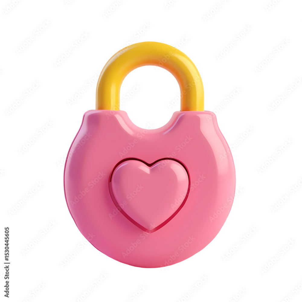 Poster a pink padlock with a heart shape and a yellow handle on isolated on transparent background