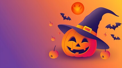 An interesting Halloween scene: a blinking pumpkin lantern, surrounded by bats and minimalist witch hats. With subtle horror shadows.