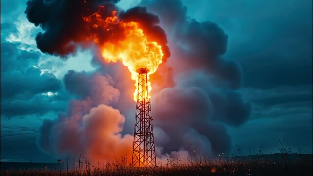 Huge explosion with thick smoke and burning flames in sky. 