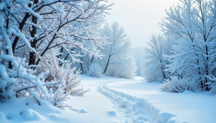 Fototapeta premium Frozen landscape with heavy snowfall, ice crystals clinging to branches, a serene winter scene of pristine white Perfect for winter wonderland, holiday, or cold weather themes , pattern, white