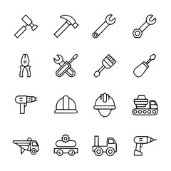 Construction tools and vehicles icons in a line art style on white background , no background