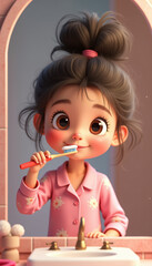 A girl in pink pajamas is standing and brushing her teeth.