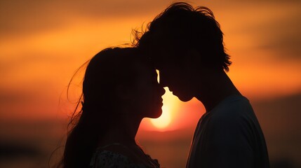 Silhouette of a couple embracing at sunset with an orange and yellow sky in the background scene