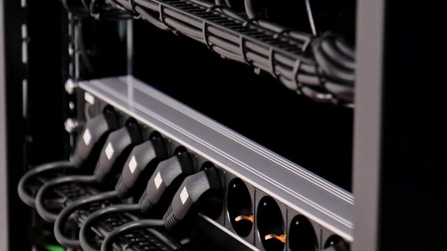Telecommunications rack of network equipment with an uninterruptible power supply and multimedia equipment. View of the connection of the units. 