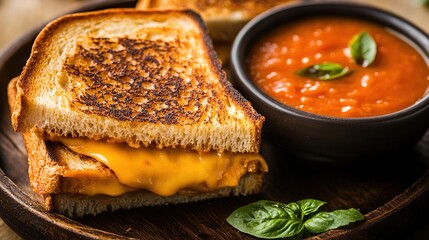 A golden-brown grilled cheese sandwich with melted cheese sits on a wooden plate next to a bowl of red tomato soup garnished with a basil leaf