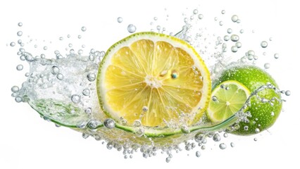Refreshing Citrus Fruits Splashing in Sparkling Water A Vibrant Image of Lemon and Lime Slices Submerged and Surrounded by Bubbling Liquid