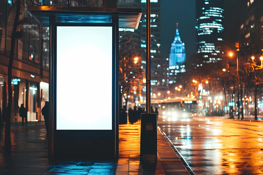 Blank white vertical digital billboard poster on city street bus stop sign at night, blurred urban background with skyscraper, people, mockup for advertisement, marketing 