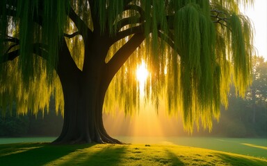 Majestic weeping willow tree bathed in golden sunlight, with long branches and lush green foliage, creating a serene and magical forest atmosphere. High quality
