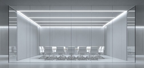 Obraz premium A modern empty meeting room featuring glass walls, sleek chairs, and a large table under soft lighting, embodying corporate minimalism.