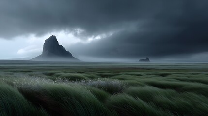 Dramatic landscape featuring a solitary mountain peak under a stormy sky.