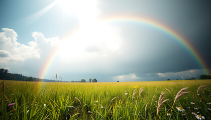 A vibrant rainbow arcs over a lush green summer meadow, framed by blue sky and white clouds after a gentle rain