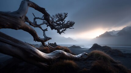 Dead tree branches on a misty beach at sunrise.