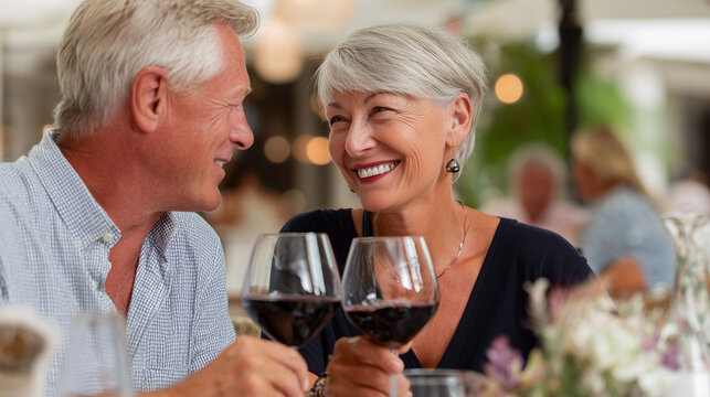 Happy senior couple toasting with red wine at summer outdoor restaurant. Romantic vacation, joyful moments, elegant aging, love, travel lifestyle, fine dining and relaxed atmosphere.