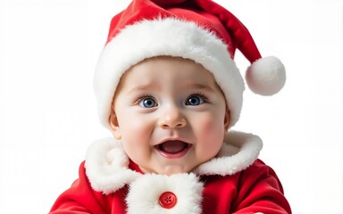 Cute santa baby with beautiful blue eyes on the white background. High quality