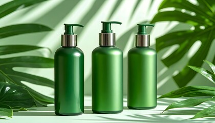 Elegant green glass skincare bottles with tropical leaves, soft shadows
