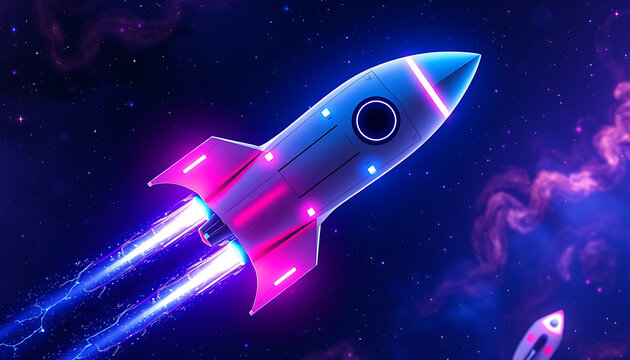 A dynamic illustration of a rocket launching into the night sky, with a spaceship traveling among stars and planets in a vibrant galaxy