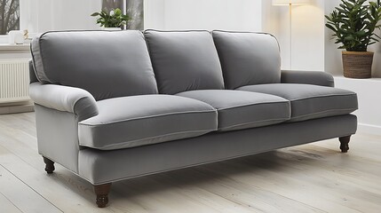 Gray couch with three cushions sits in a room with a potted plant