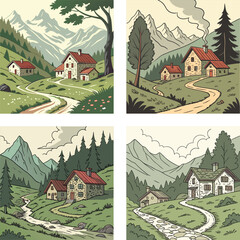 Naklejka premium A mountain village nestled in the valley below. 