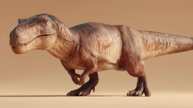 A brown dinosaur figure dashes forward its small arms tucked tight The background is a simple pale brown making the dinosaur the focal point