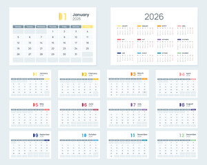 2026 calendar set with clean monthly layouts, weekday labels, corporate design template vector. Desk calendar 2026