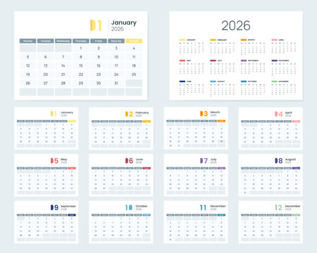 2026 calendar set with clean monthly layouts, weekday labels, corporate design template vector. Desk calendar 2026