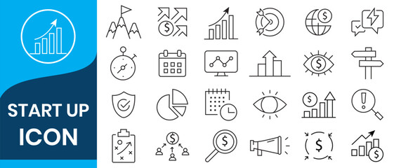Startup icon. Set of line vector icons on the theme of business, investment, finance, development, market analysis. Startup Launch symbol collection vector