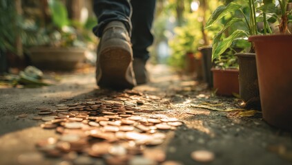 Person walking on path littered with coins