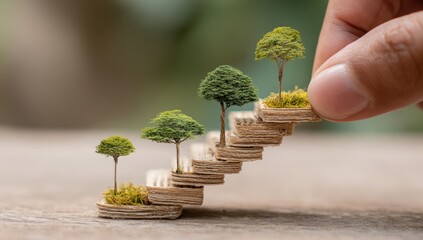Miniature trees planted on a wooden staircase, symbolizing growth and progress. A hand gently places a small tree on the next step