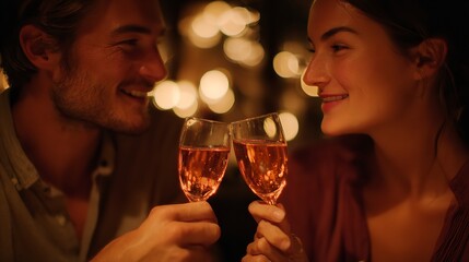 A couple toasting with champagne glasses in a romantic dimly lit atmosphere with bokeh lights