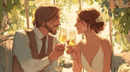 A couple toasting champagne glasses at a wedding reception with natural light and floral decorations