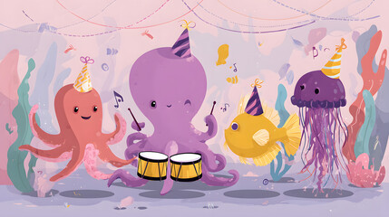 flat illustration of cute ocean animals