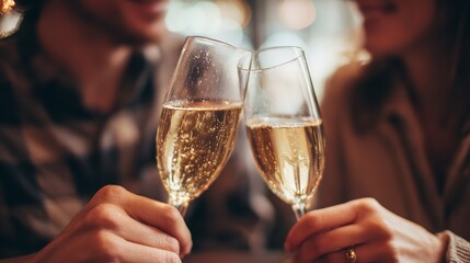 Close up of two people toasting with champagne flutes in a dimly lit and romantic setting indoors