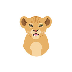 Cute cartoon lion cub with a joyful expression on a plain background, ideal for children's content