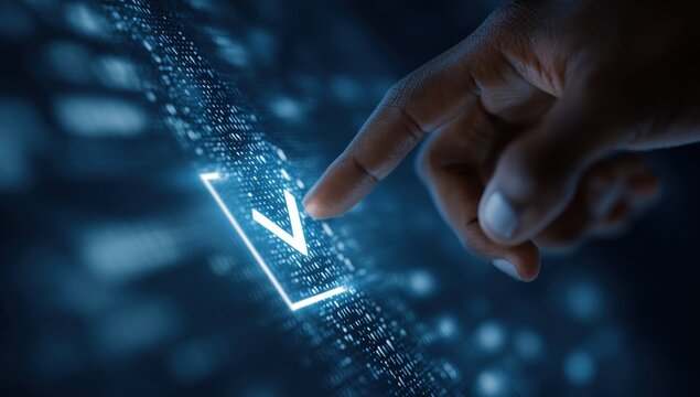 Hand touches glowing checkmark on digital screen (1)