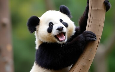 Naklejka premium Playful panda cub climbing tree zoo animal photography indoor close-up wildlife joy. High quality