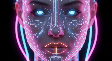 Cybernetic Portrait of Woman with Glowing Blue Eyes and Neon Circuitry on Black Background
