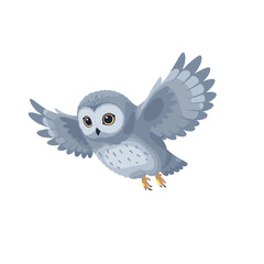 Cute cartoon owl flying gracefully against a plain background, showcasing its wings