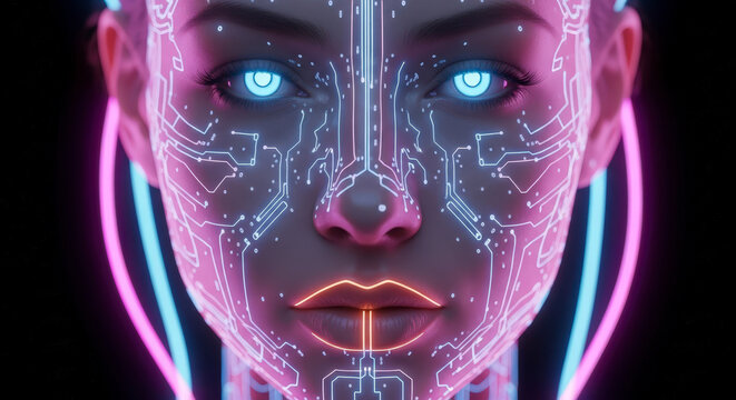 Cybernetic Portrait of Woman with Glowing Blue Eyes and Neon Circuitry on Black Background