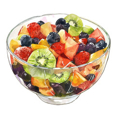 Cold Fruit Salad Bowl, watercolor drawing vector, isolated on a white background.