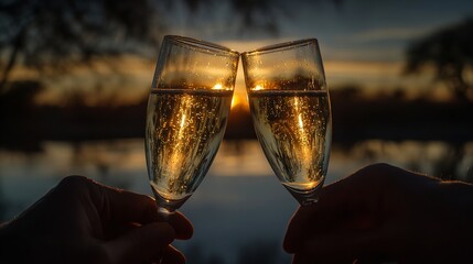 Two champagne glasses toasting with a sunset reflecting in the liquid and background blurring