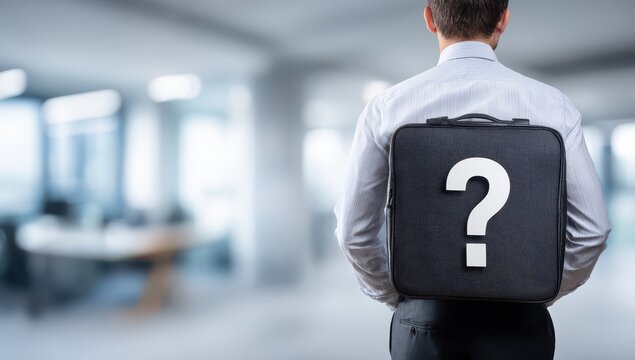 Businessman with question mark backpack (2) - Powered by Adobe