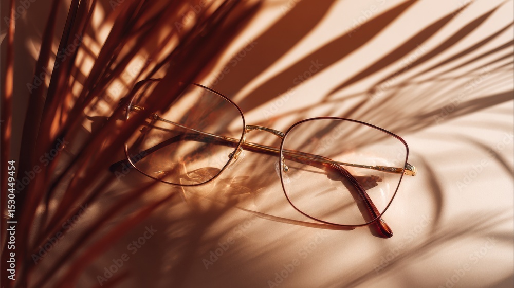 Aufkleber Stylish Glasses Resting on a Smooth Surface With Plant Shadows Creating an Elegant Aesthetic, Captured in a Minimalistic Flat Lay