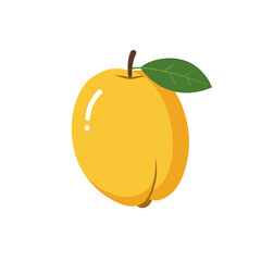 Bright yellow apple with a green leaf against a plain white background