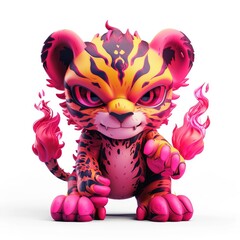 Cute but fierce tiger cub with pink and orange fur and fiery pink flames emanating from its tail on white background