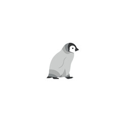 Cute cartoon penguin chick sitting on a snowy landscape with a clear blue sky