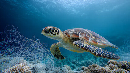Fototapeta premium Plastic pollution in the ocean is an environmental problem. Sea Turtle trapped on a loose fishing net A global problem, threatening ocean wildlife 