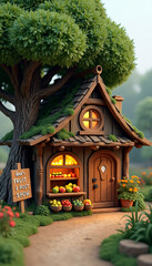 wood hobbit house under tree