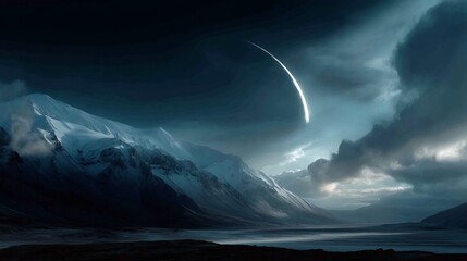 A celestial streak over a snow-capped mountain range.