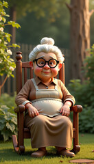 old woman sits on wood chair in graden