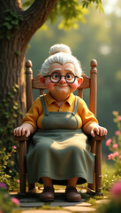 Grandma is sitting on a chair under the tree.